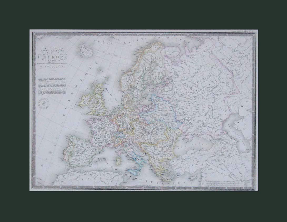 Общая карта Европы в 1789 году, предназначенная для изучения историисредних веков. Париж, 1859. Гравюра на стали в паспарту. Отличнаясохранность.